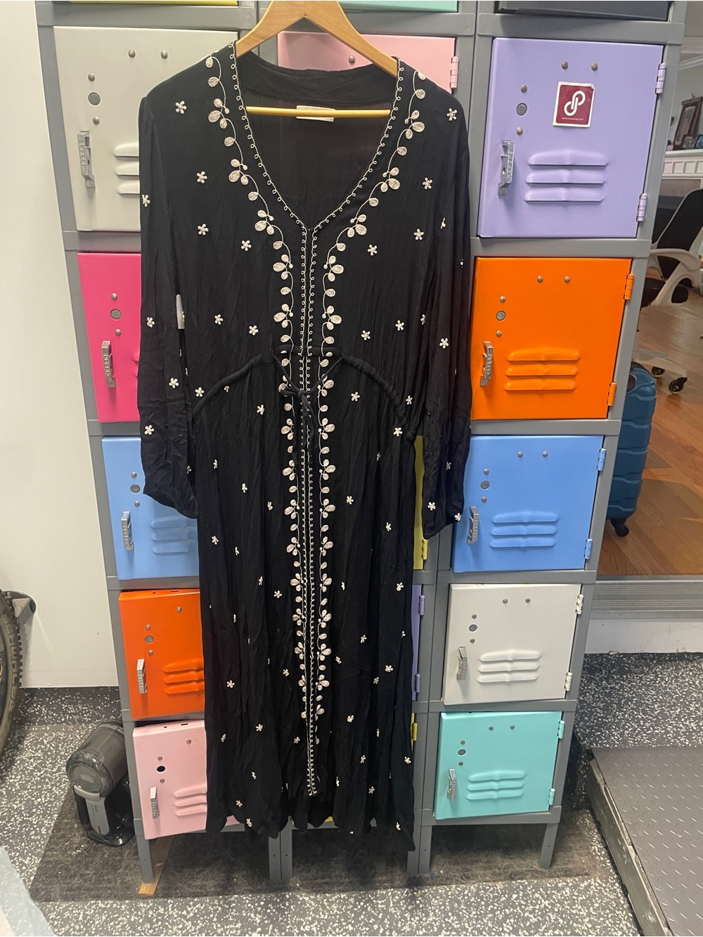 NATURAL LIFE Black Maxi Dress with White Floral Embroidery